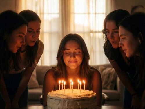 celebration, cake, friends, candles, smiles, gathering, sharing, happiness, party, joy, candles lit, happy birthday, moment, togetherness, woman, evening, indoor, group, friendship, wishing, laughter, food, dessert, event, ai generated