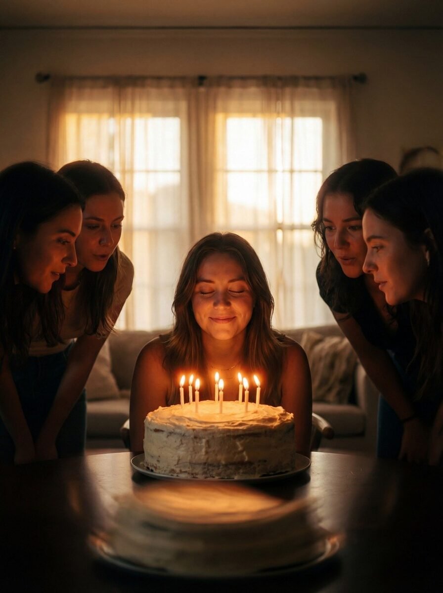 celebration, cake, friends, candles, smiles, gathering, sharing, happiness, party, joy, candles lit, happy birthday, moment, togetherness, woman, evening, indoor, group, friendship, wishing, laughter, food, dessert, event, ai generated