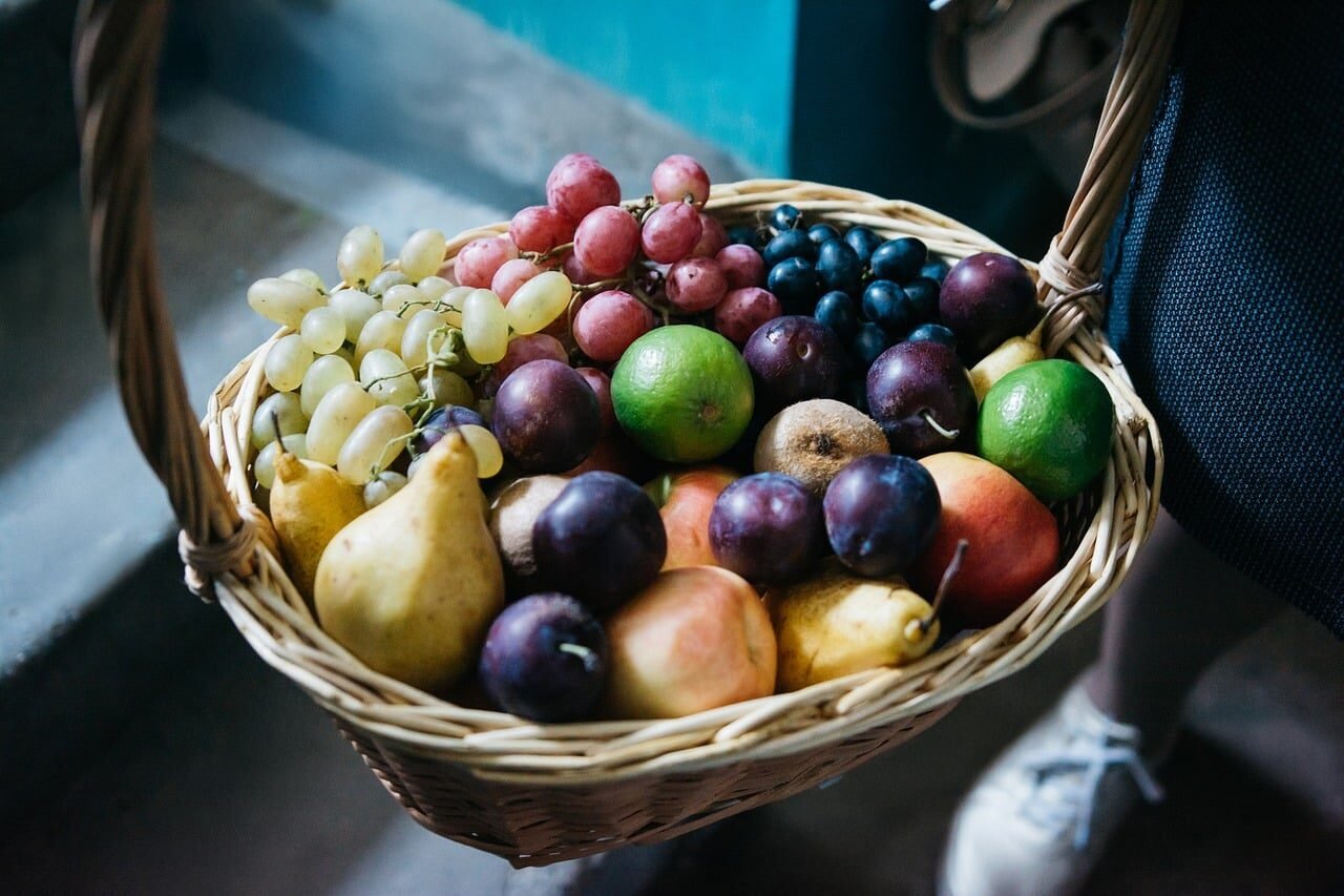 fruit basket, colorful fruits, pine, plum, lime, grape, fruit, nature, garden, fresh