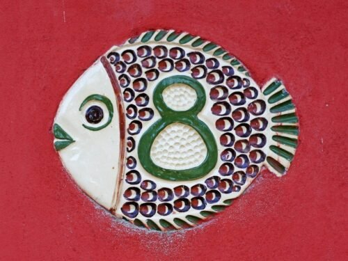 house number, eight, fish, mosaic, nature, number, digit, labeling, house entrance