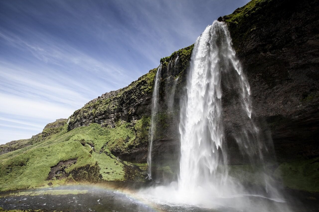 seljalandsfoss, waterfall, iceland, water, rainbow, scenic, nature, view, power, waterfall, waterfall, waterfall, waterfall, waterfall, rainbow