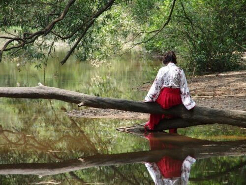 back view, yiren, waterside, woman, female, red skirt, lake, pond, tradition, clothing, nature, asia, china, reflection, trunk