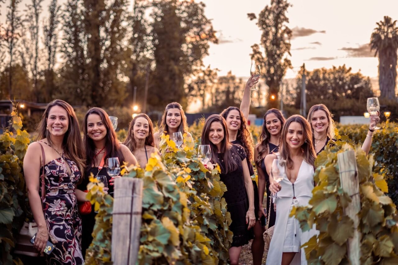 Enjoying a joyful gathering in a vineyard at sunset, celebrating with wine and friends.