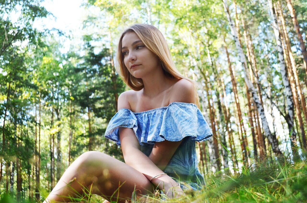 young woman, nature, grass, summer, forest, sun