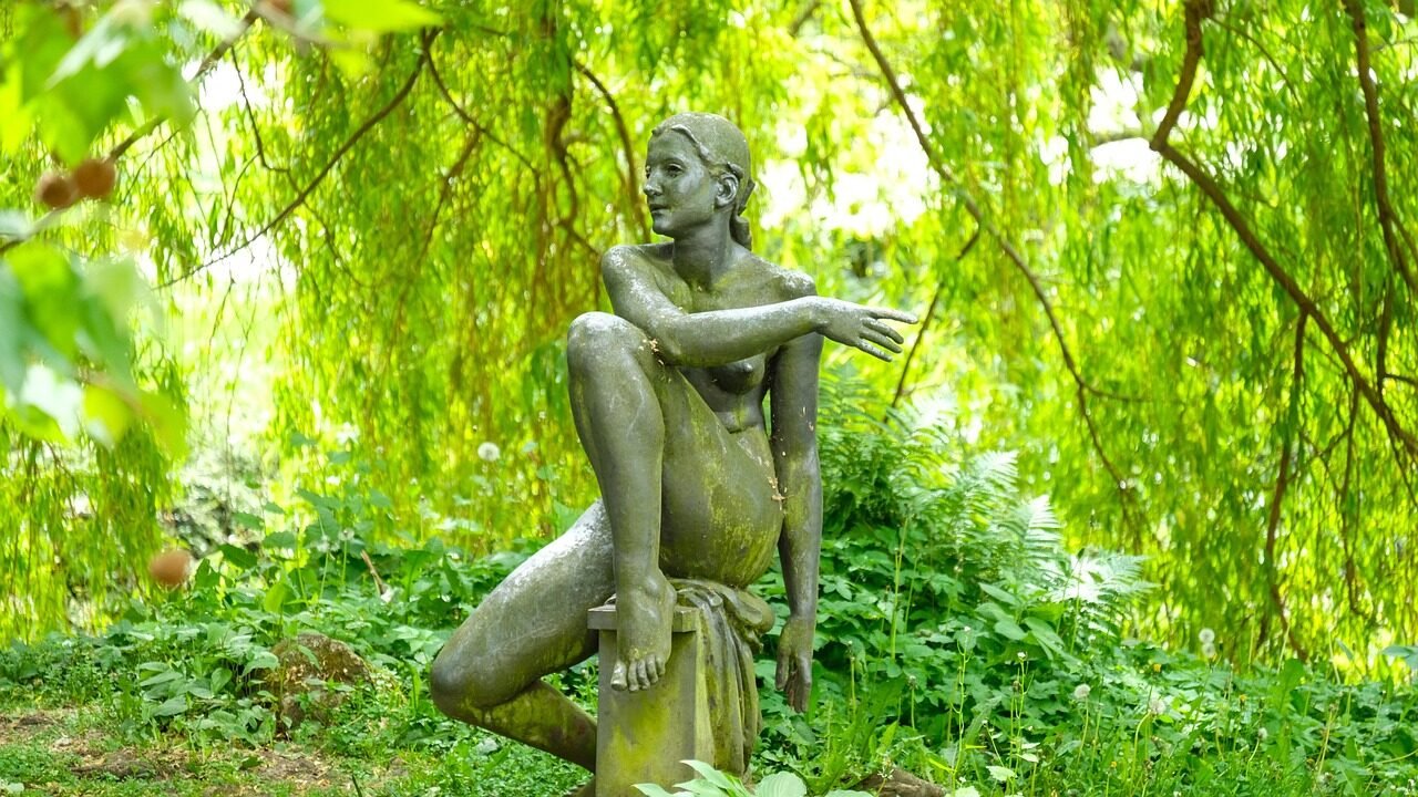statue, spring, summer, stone figure, figure, antique, sculpture, naked woman, nature, chest, green, plants