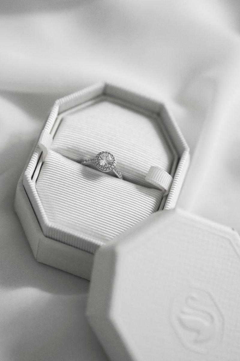 Close-up of a stunning diamond ring in a white jewelry box, symbolizing luxury and commitment.