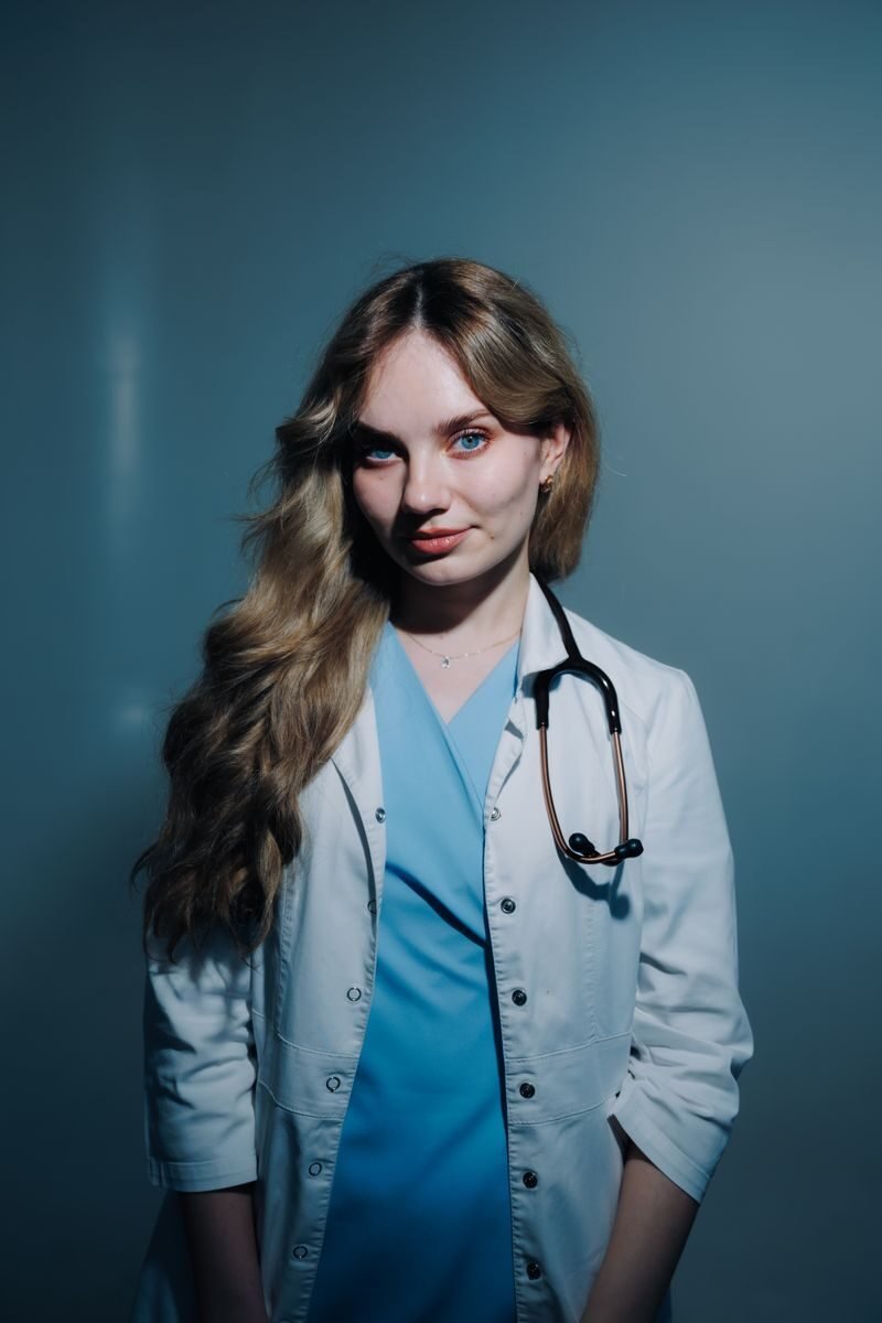 Professional portrait of a confident female doctor wearing a blue scrubs and stethoscope against a cool background.