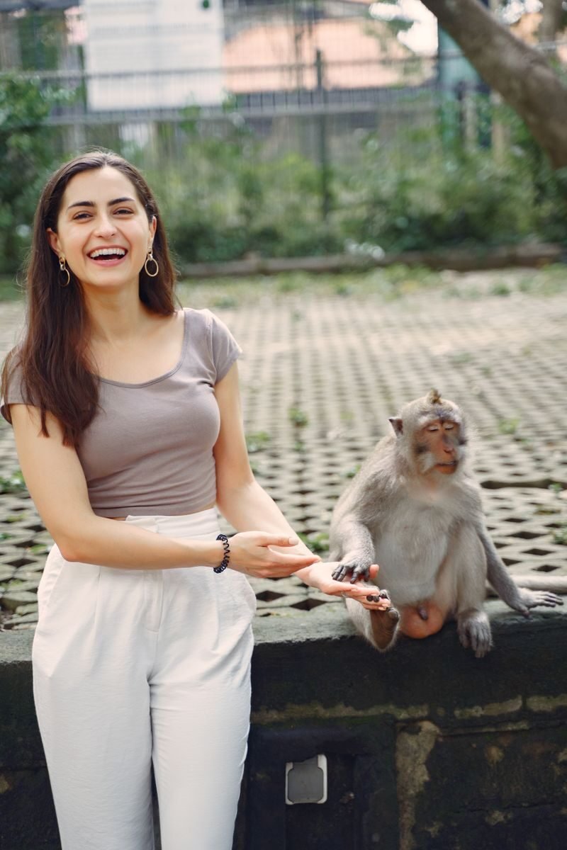 Cheerful adult female in casual clothes showing on monkey sitting on street floor and giving hand and foot in national park