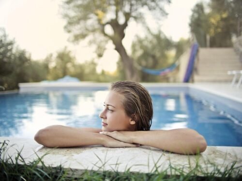 woman, blonde, nature, young, the person, nice, swimming pool, pool, the water, reflections, trees, out, the nature, grass