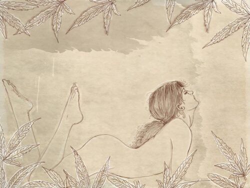 woman, frame, leaves, border, foliage, girl, female, naked woman, nature, pose, portrait, line art, drawing