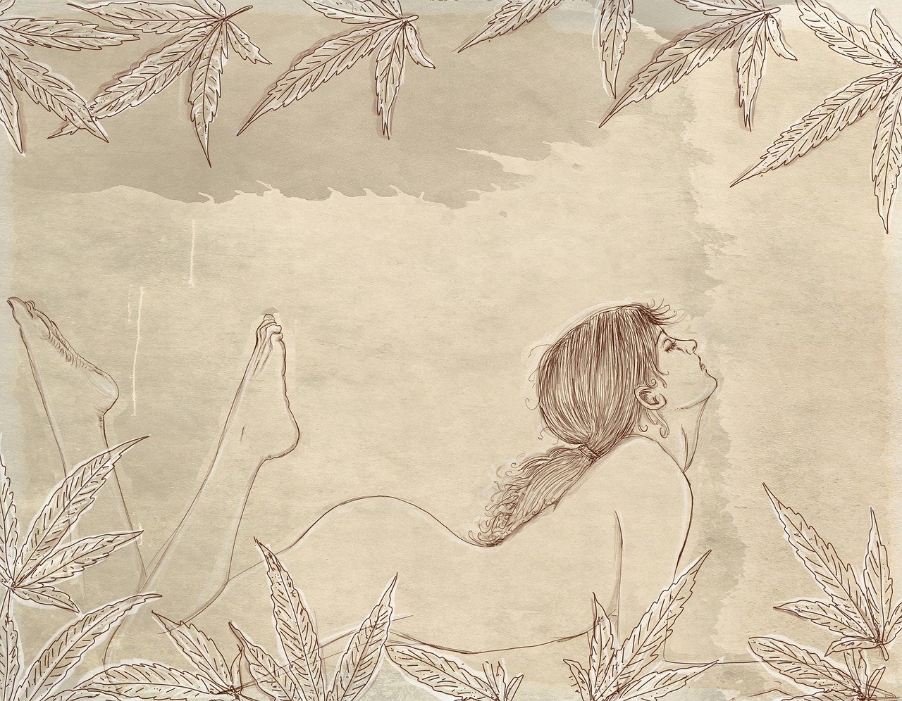 woman, frame, leaves, border, foliage, girl, female, naked woman, nature, pose, portrait, line art, drawing