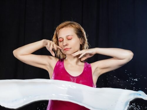 milk splash, model, woman, girl, wet clothes, beauty, pose, milk, splashing milk, wet, liquid, photo studio, portrait