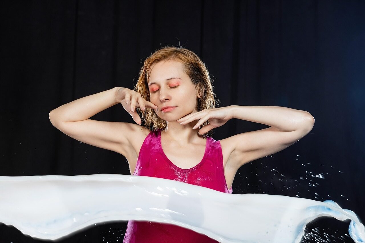 milk splash, model, woman, girl, wet clothes, beauty, pose, milk, splashing milk, wet, liquid, photo studio, portrait