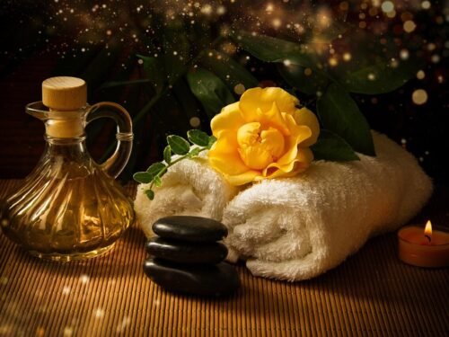 spa, nature, massage oil, towels, flower, meditation stones, flower background, candle, yellow rose, vial, relax, relaxation, bokeh, flower wallpaper, beautiful flowers, still life