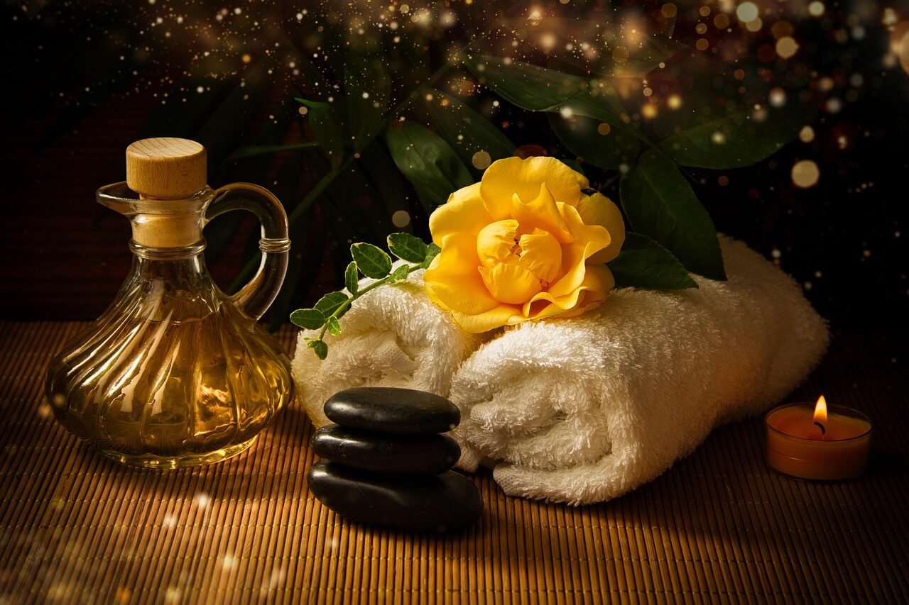 spa, nature, massage oil, towels, flower, meditation stones, flower background, candle, yellow rose, vial, relax, relaxation, bokeh, flower wallpaper, beautiful flowers, still life