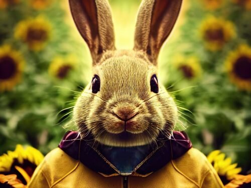 rabbit, anthropomorphic rabbit, sunflowers, nature, bunny, animal, raincoat, anthropomorphic bunny