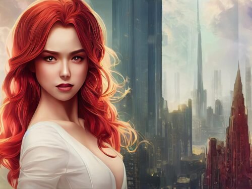 woman, red-haired woman, city, model, buildings, fashion, beauty, digital art, acrylic painting, woman, woman, woman, woman, woman, acrylic painting