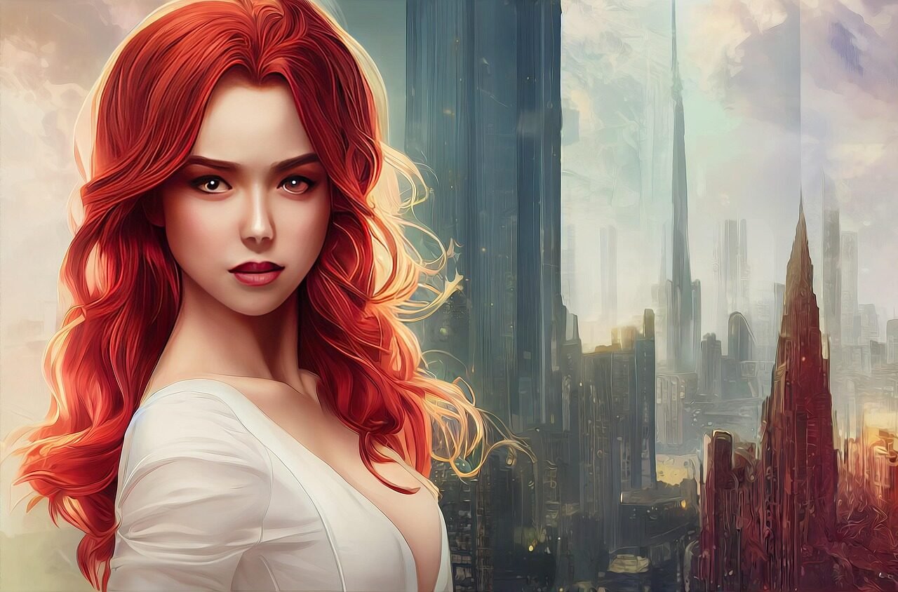woman, red-haired woman, city, model, buildings, fashion, beauty, digital art, acrylic painting, woman, woman, woman, woman, woman, acrylic painting