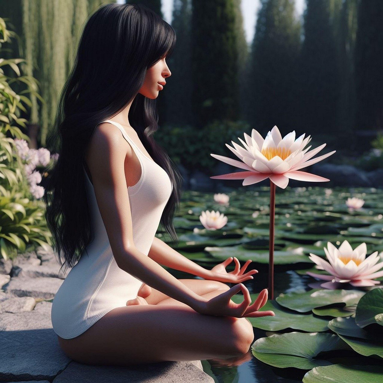 ai generated, nature, woman, lake, water, tantra, yoga, meditation, waterlily
