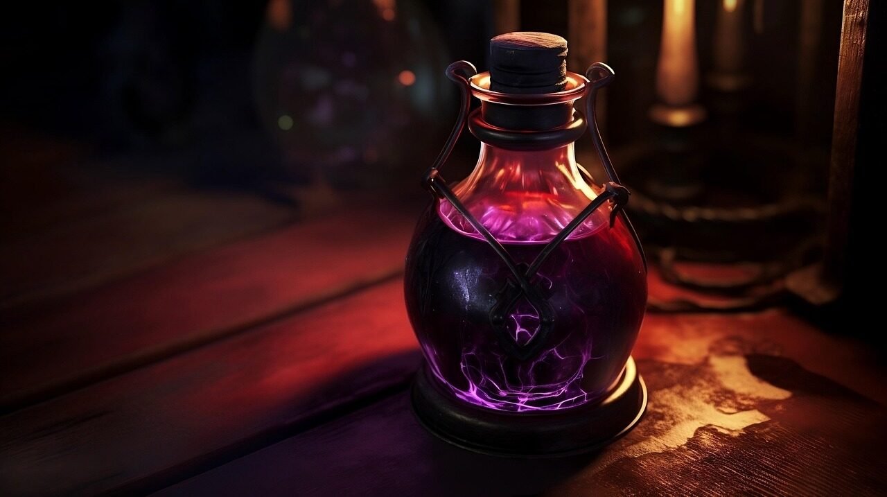 ai generated, potion, elixir, bottle, glass, liquid, container, crystal, antique, myth, magical, magic, poison, fantasy