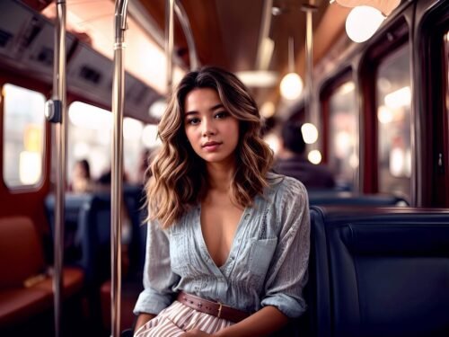 ai generated, woman, model, train ride, train, smile, chic, relaxed, fashion, style