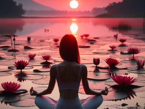 ai generated, woman, meditation, girl, waterlily, lotus, tantra, lake, yoga, nature