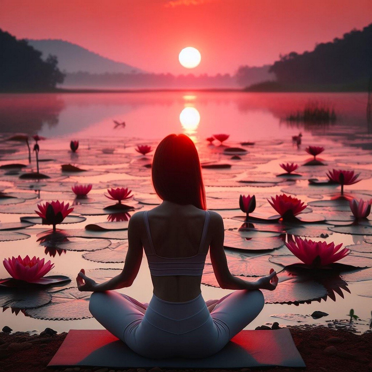 ai generated, woman, meditation, girl, waterlily, lotus, tantra, lake, yoga, nature