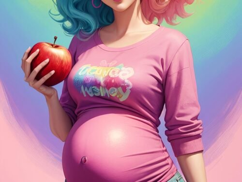 woman, pregnant, apple, pregnancy, girl, colorful, colorful hair, female, portrait, ai generated