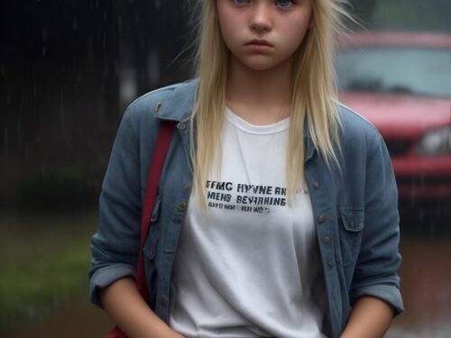 ai generated, blonde, teen, teenager, girl, serious, sad girl, sad, expression, portrait, rain, storm, nature