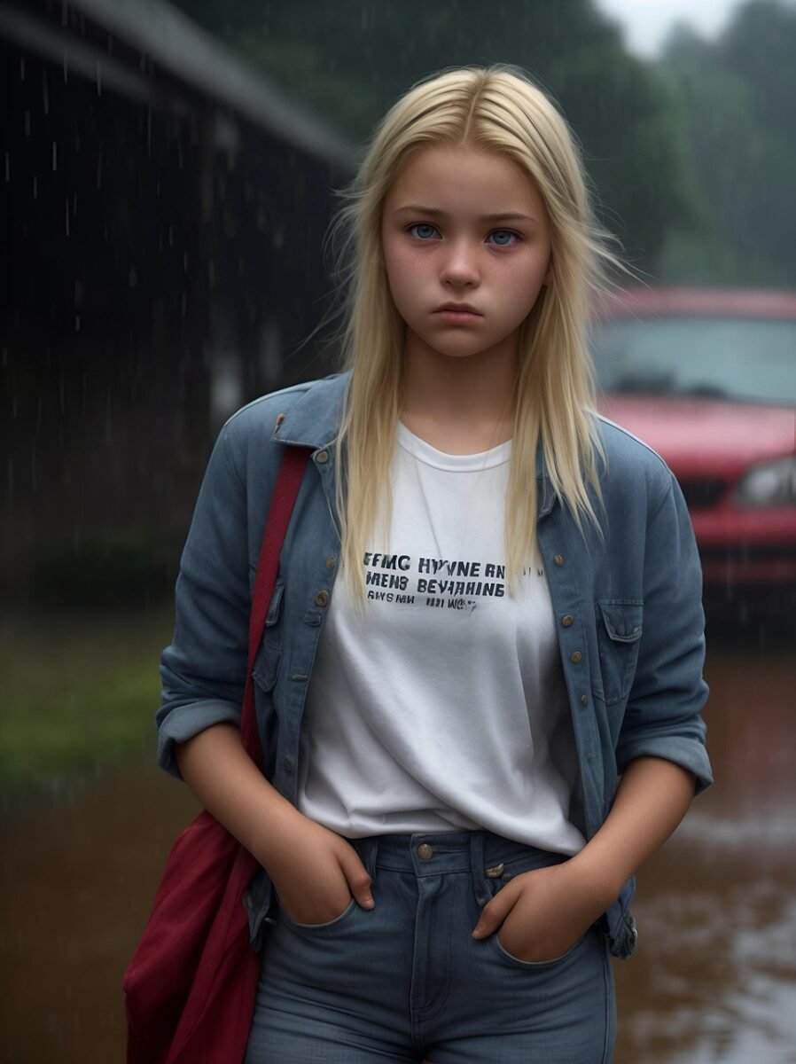 ai generated, blonde, teen, teenager, girl, serious, sad girl, sad, expression, portrait, rain, storm, nature
