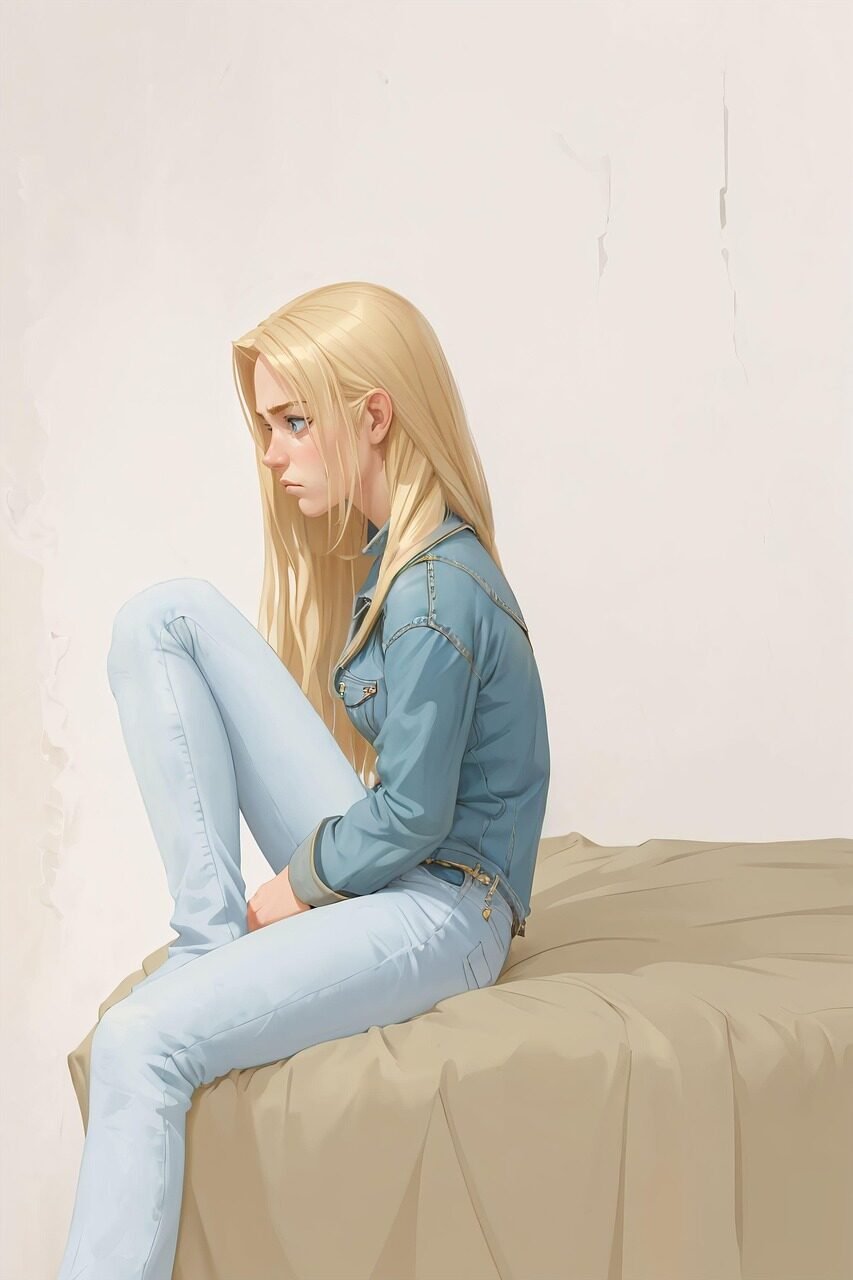 ai generated, teenager, sad, sad girl, teen, girl, woman, bed, sitting