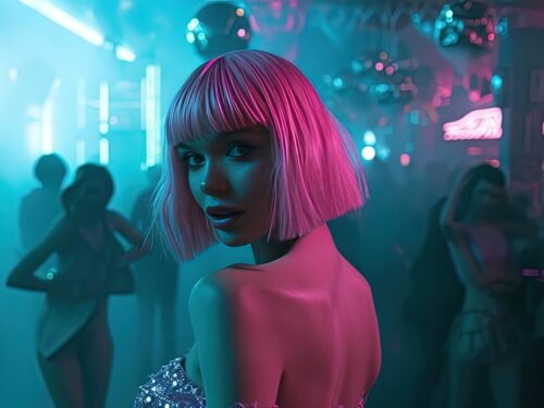 ai generated, girl, cyberpunk, party, rave, dance, lights, pink hair, young, party, party, party, party, party