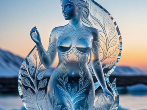 ai generated, ice, sculpture, woman, winter, nature, cold, flower, transparent, blue, landscape, goddess