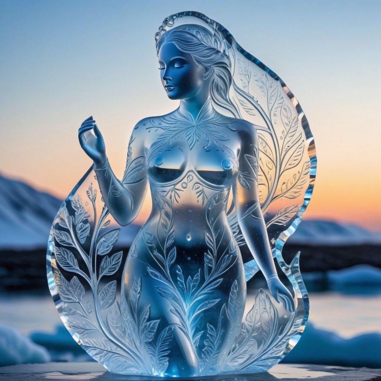 ai generated, ice, sculpture, woman, winter, nature, cold, flower, transparent, blue, landscape, goddess
