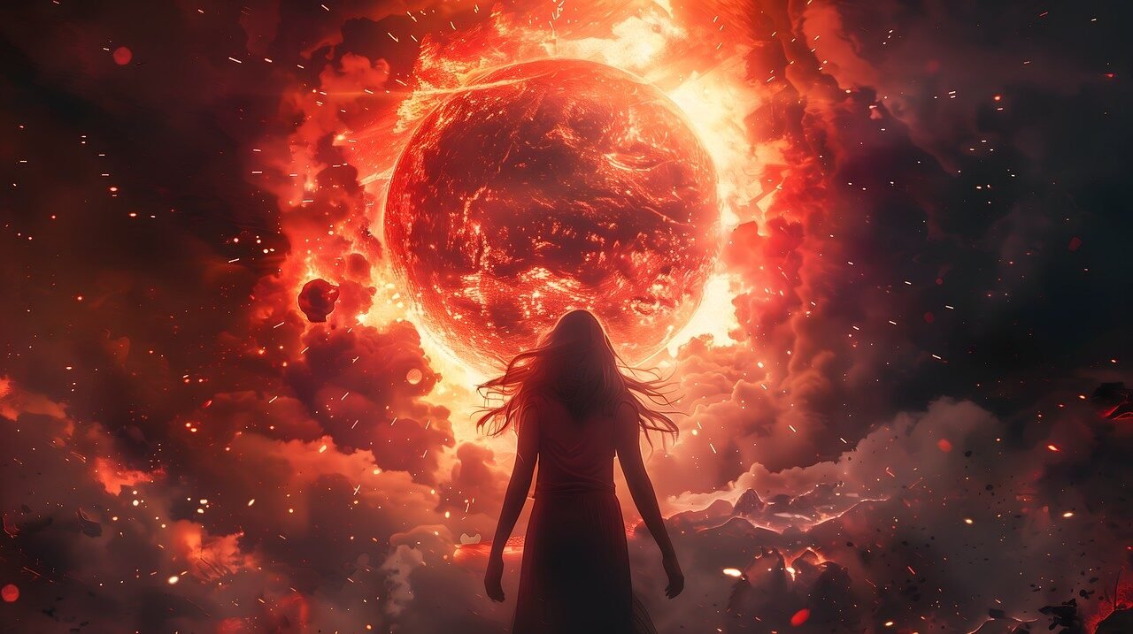 ball, fire, hot, calls, blaze, woman, figure, destruction, apocalypse, disaster, catastrophe, generated by ai