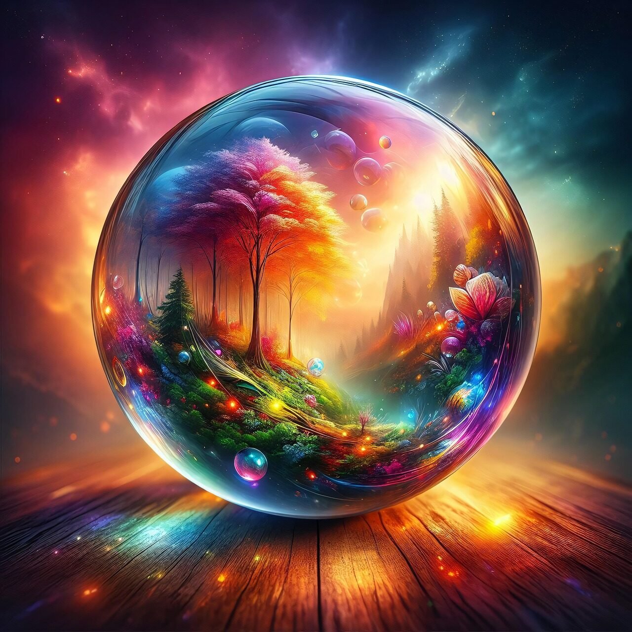 ai generated, sphere, glass, glass ball, fall, autumn, ball, fantasy, nature, landscape, orb