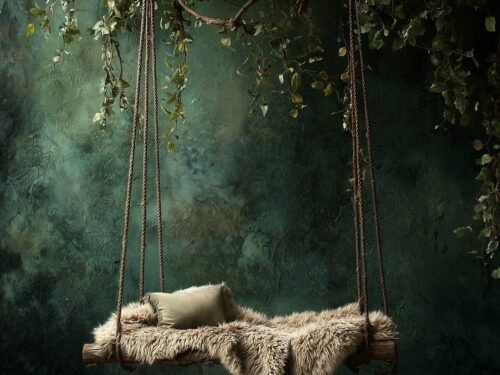ai generated, rustic swing, fur cushion, ivy vines, enchanted forest, natural decor, bohemian swing, indoor garden, wood and greenery, whimsical swing, cozy corner, nature-inspired decor, peaceful swing, forest atmosphere, lush vines, fairy-tale swing, serene environment, boho style, magical ambiance, nature photography, relaxation space, rustic charm, wooden swing, greenery decor