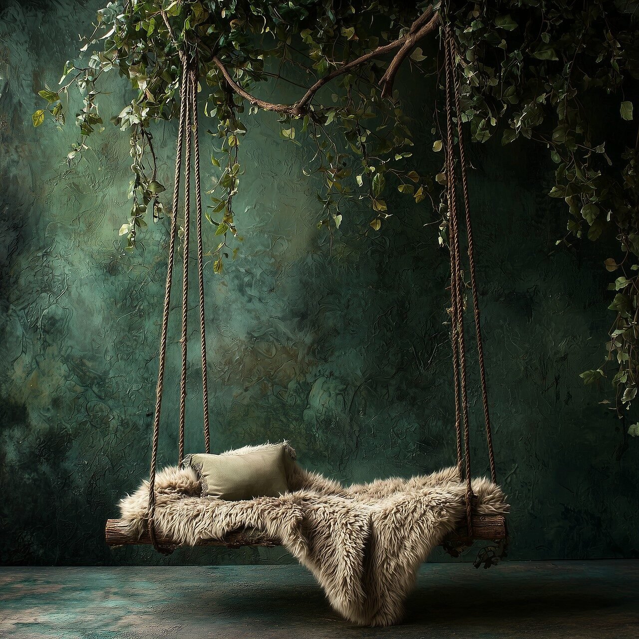 ai generated, rustic swing, fur cushion, ivy vines, enchanted forest, natural decor, bohemian swing, indoor garden, wood and greenery, whimsical swing, cozy corner, nature-inspired decor, peaceful swing, forest atmosphere, lush vines, fairy-tale swing, serene environment, boho style, magical ambiance, nature photography, relaxation space, rustic charm, wooden swing, greenery decor