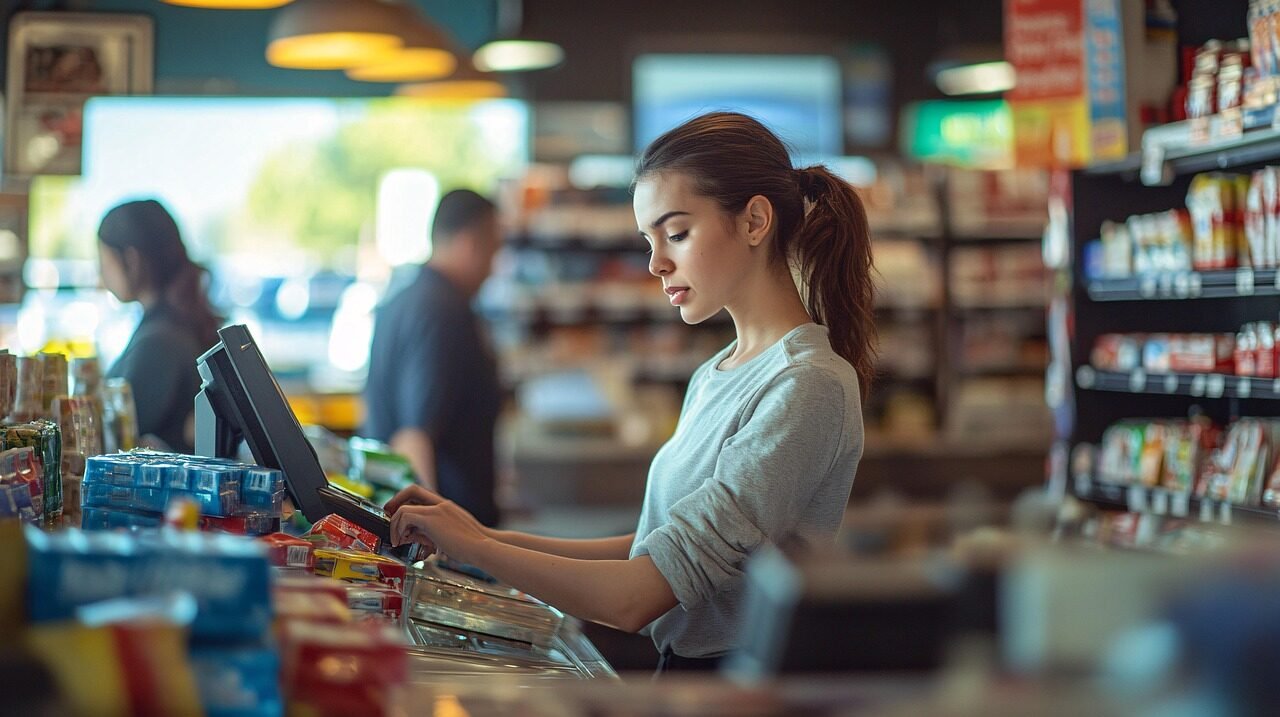 woman, working, convenience store, checkout, customer service, retail, products, scanning, cashier, store, busy, shop, everyday life, shelves, employee, transactions, store worker, routine, shopping, retail environment, counter, organized, customer interaction, payment, commercial, ai generated