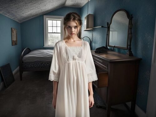 mysterious, attic, girl, nightgown, female, brunette, haunting, teen, teen girl, spooky, mystery, creepy, spirit, wallpaper, ai generated