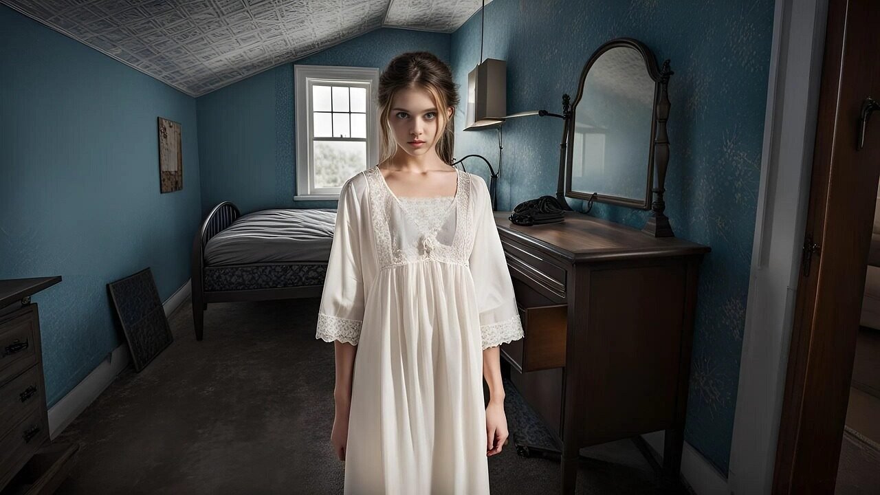 mysterious, attic, girl, nightgown, female, brunette, haunting, teen, teen girl, spooky, mystery, creepy, spirit, wallpaper, ai generated