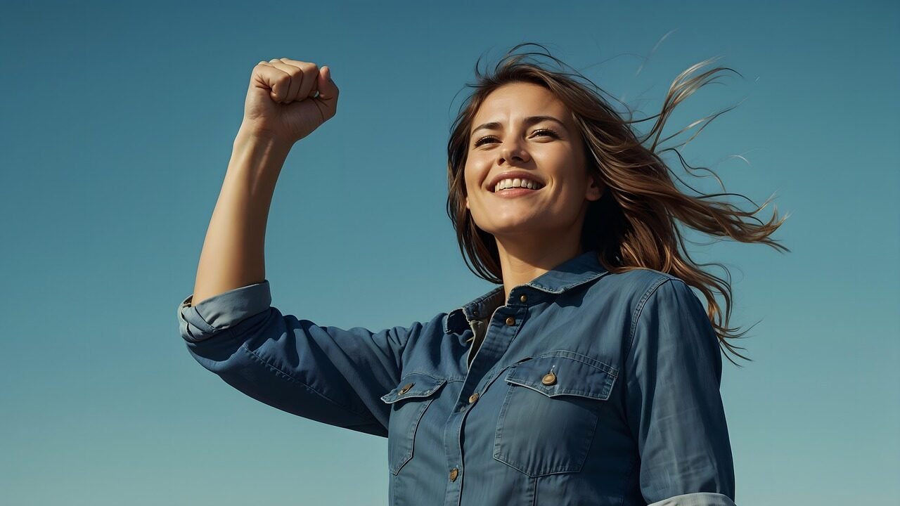 ai generated, woman, success, achievement, fist raised, struggle, power, fashion, model, elegance, female