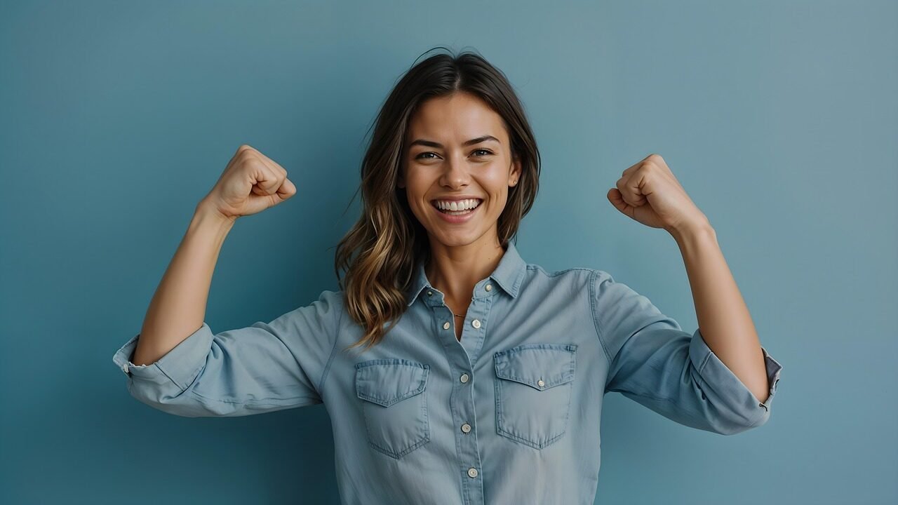 ai generated, woman, success, achievement, fist raised, struggle, power, fashion, model, elegance, female