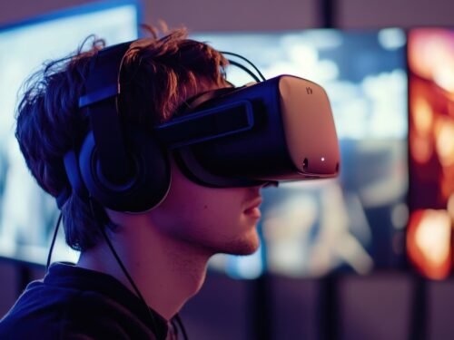 ai generated, vr headset, vr, virtual, reality, immersive, headset, virtual reality, experience, technology, gaming, young, man, immersive experience, young man, gaming technology