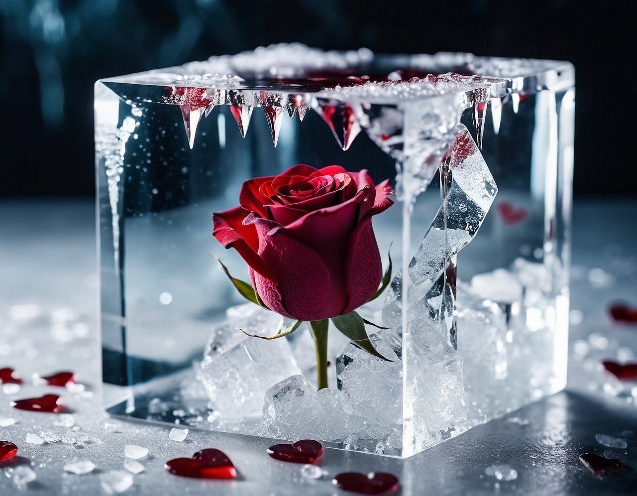 rose, ice cube, love, valentine's day, romance, frozen, winter, blossoms, ai generated