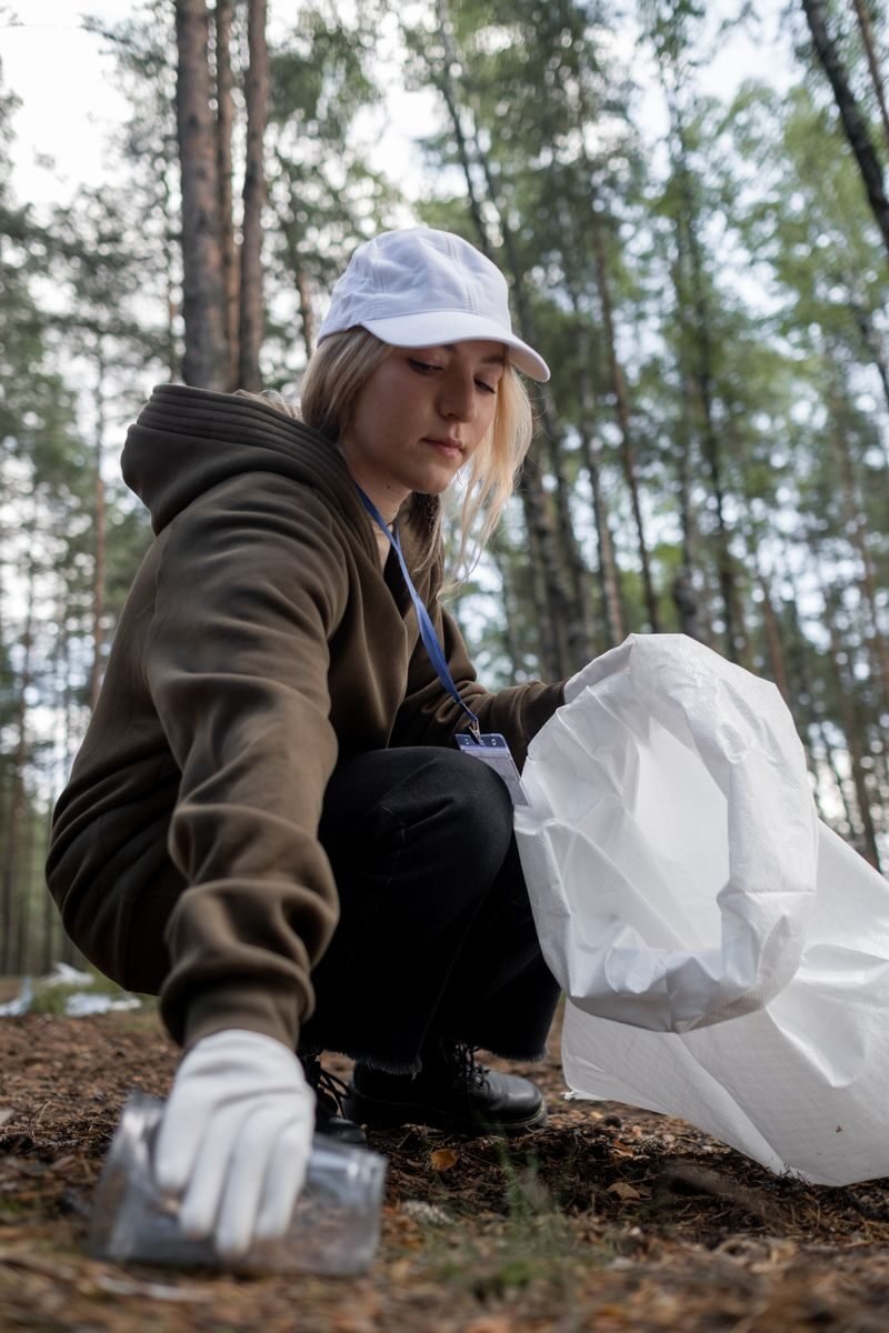 Woman participating in environmental cleanup in a forest, wearing warm clothing and protective gear.