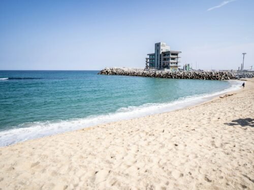 a beach with a building in the background