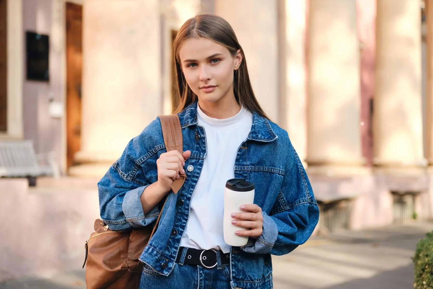 Beautiful stylish casual student girl denim jacket with backpack