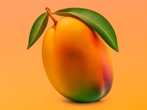 a peach with a green leaf on top of it