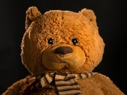 A brown teddy bear is posing for the camera.